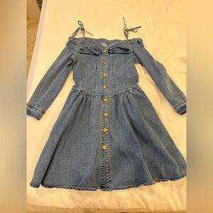 Stylish Blue Off-Shoulder Denim Midi Flare Dress